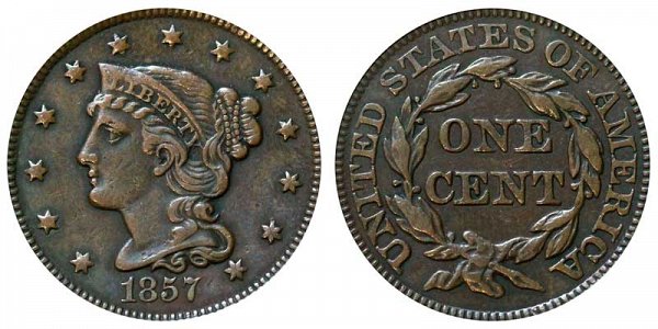 1857 Braided Hair Large Cent Penny - Small Date