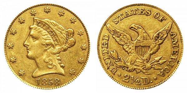 1858 Liberty Head $2.50 Gold Quarter Eagle - 2 1/2 Dollars 