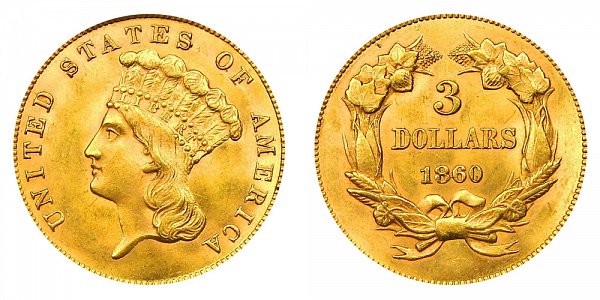 1860 Indian Princess Head $3 Gold Dollars - Three Dollars 