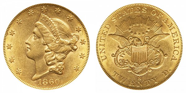 1860 S Liberty Head $20 Gold Double Eagle - Twenty Dollars 