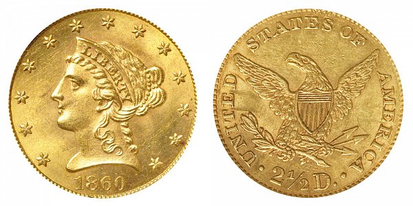 1860 Liberty Head $2.50 Gold Quarter Eagle - New Reverse - Type 2 