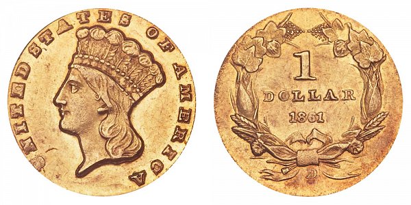 1861 D Large Indian Princess Head Gold Dollar G$1 