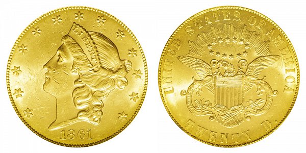 1861 Paquet Reverse Liberty Head $20 Gold Double Eagle - Twenty Dollars 