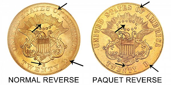 1861 S Normal Reverse vs Paquet Reverse - $20 Liberty Head Gold Double Eagle - Difference and Comparison