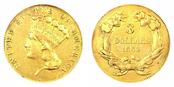 1862 Indian Princess Head Gold $3 Three Dollar Piece - Early Gold Coins ...