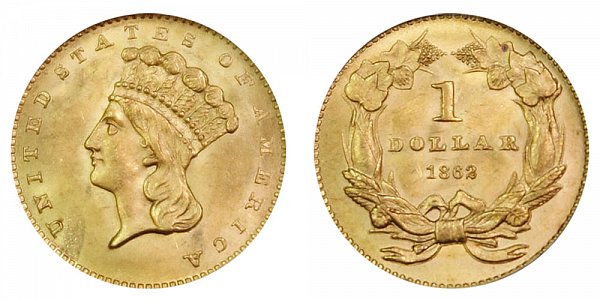 1862 Large Indian Princess Head Gold Dollar G$1 