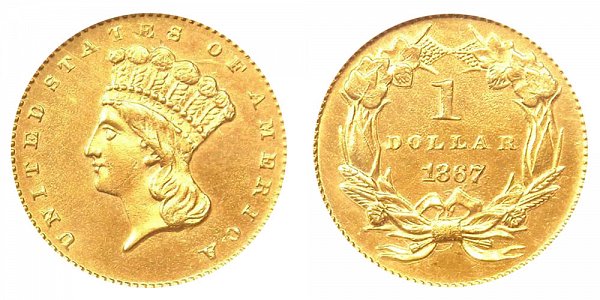 1867 Large Indian Princess Head Gold Dollar G$1 