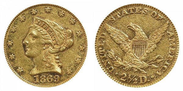 1869 Liberty Head $2.50 Gold Quarter Eagle - 2 1/2 Dollars 