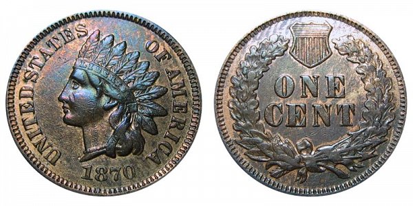 1870 Bold N Indian Head Cent Penny