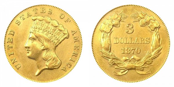 1870 Indian Princess Head $3 Gold Dollars - Three Dollars 