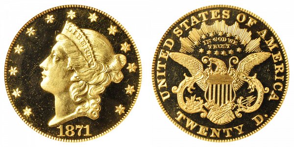 1871 Liberty Head $20 Gold Double Eagle - Twenty Dollars 