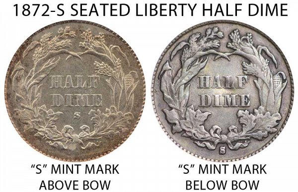 1872 S Mint Mark Above Bow vs Below Bow Seated Liberty Half Dime - Difference and Comparison
