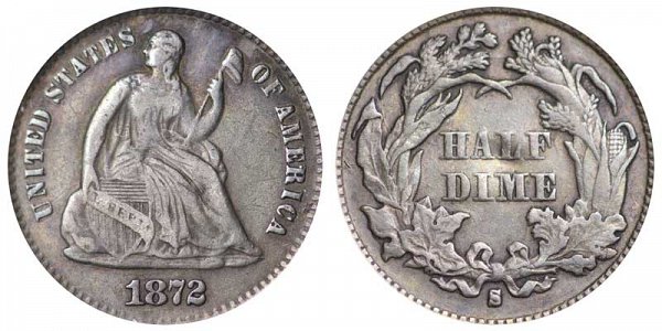 1872 S Seated Liberty Half Dime - Mint Mark Below Bow 