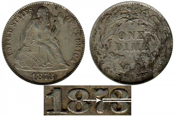 1873 Closed 3 Seated Liberty Dime - No Arrows