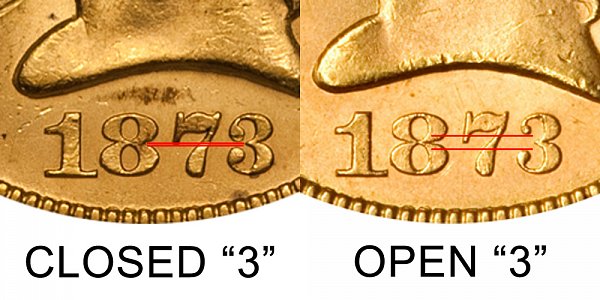 1873 Closed 3 vs Open 3 - $5 Liberty Head Gold Half Eagle - Difference and Comparison
