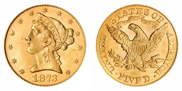 1873 Open 3 Liberty Head $5 Gold Half Eagle - Five Dollars 