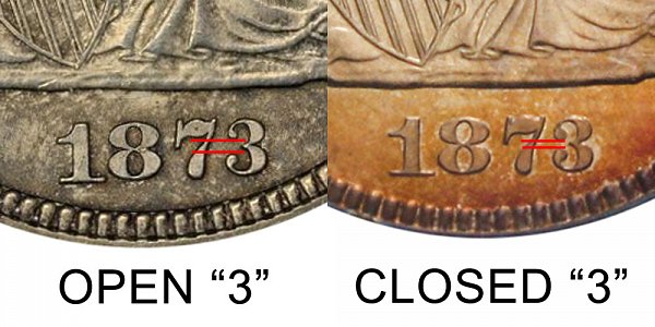 1873 Closed 3 vs Open 3 Seated Liberty Quarter - Difference and Comparison