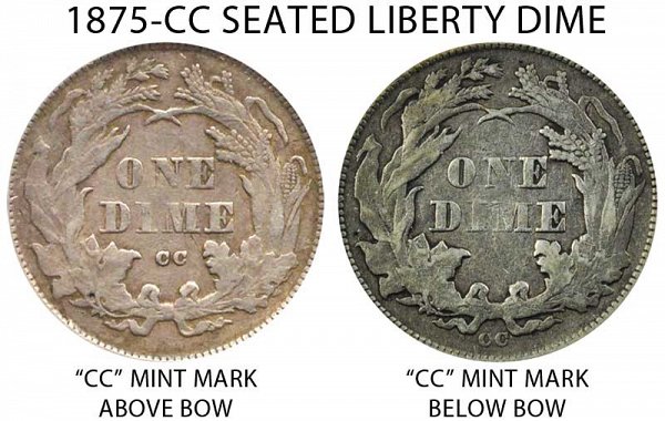 1875 CC Mint Mark Above Bow vs Below Bow Seated Liberty Dime - Difference and Comparison