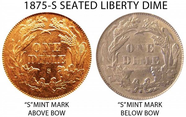 1875 S Mint Mark Above Bow vs Below Bow Seated Liberty Dime - Difference and Comparison