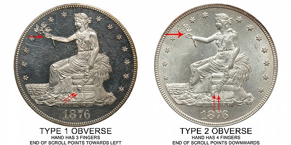 1876 Type 1 Obverse vs Type 2 Obverse Trade Silver Dollar - Difference and Comparison
