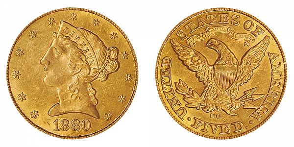1880 CC Liberty Head $5 Gold Half Eagle - Five Dollars 