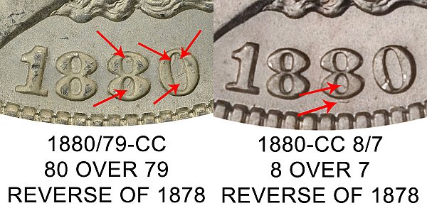 1880/79 CC vs 1880 8/7 CC Morgan Silver Dollar (Reverse of 1878) - Difference and Comparison