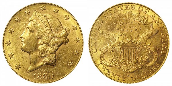 1880 S Liberty Head $20 Gold Double Eagle - Twenty Dollars 