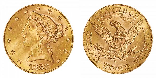 1880 S Liberty Head $5 Gold Half Eagle - Five Dollars 