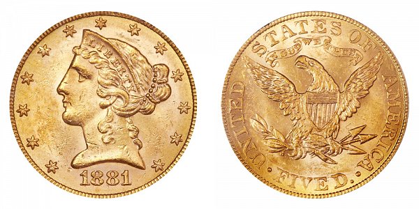 1881/0 Liberty Head $5 Gold Half Eagle - 1 Over 0 Overdate - Five Dollars 