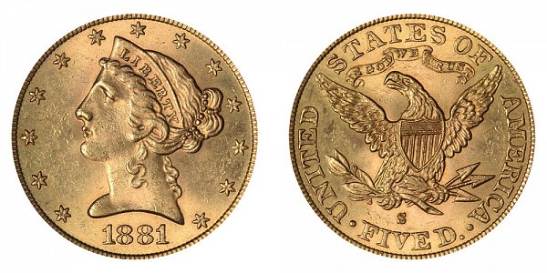 1881 S Liberty Head $5 Gold Half Eagle - Five Dollars 
