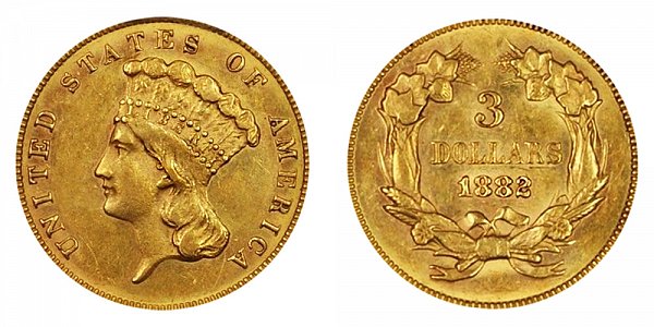 1882 Indian Princess Head Gold $3 Three Dollar Piece - Early Gold Coins ...