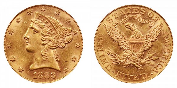 1883 Liberty Head $5 Gold Half Eagle - Five Dollars 