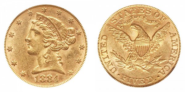 1884 Liberty Head $5 Gold Half Eagle - Five Dollars 
