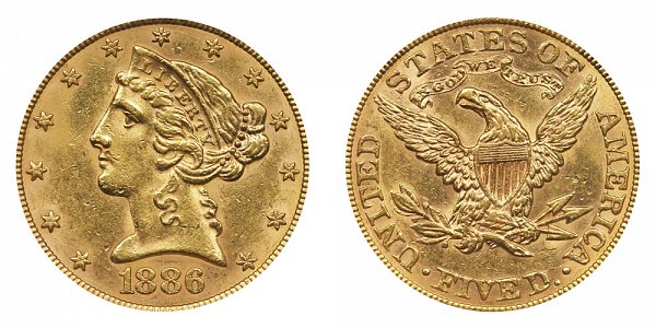 1886 Liberty Head $5 Gold Half Eagle - Five Dollars 
