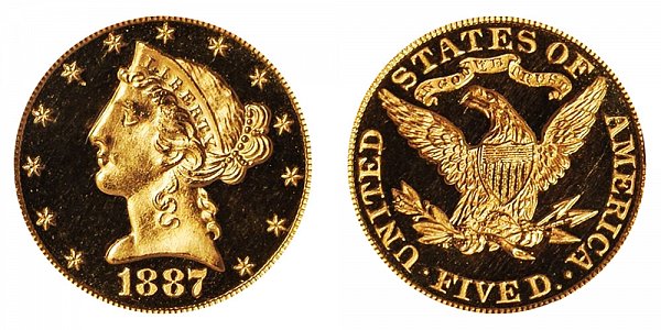 1887 Liberty Head $5 Gold Half Eagle Proof - Five Dollars 
