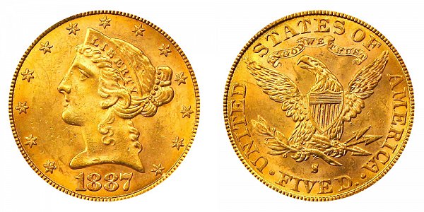 1887 S Liberty Head $5 Gold Half Eagle - Five Dollars