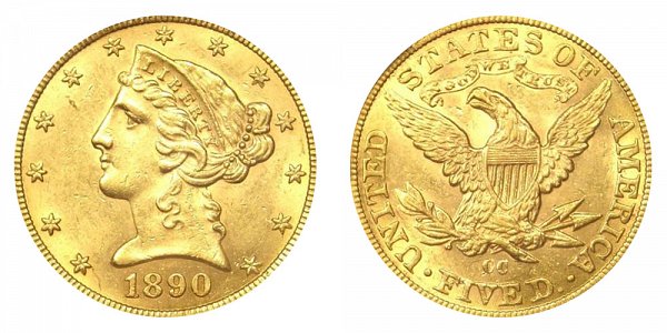 1890 CC Liberty Head $5 Gold Half Eagle - Five Dollars 