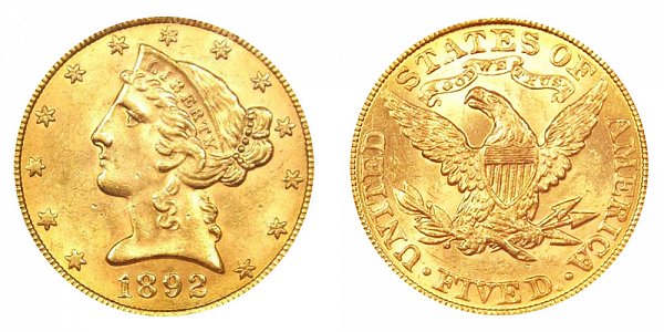 1892 Liberty Head $5 Gold Half Eagle - Five Dollars 