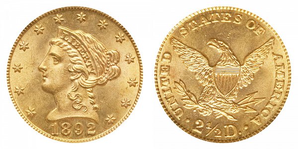 1892 Liberty Head $2.50 Gold Quarter Eagle - 2 1/2 Dollars 
