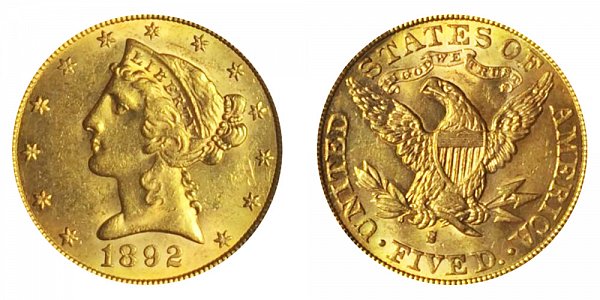 1892 S Liberty Head $5 Gold Half Eagle - Five Dollars 