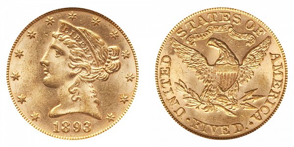 1893 Liberty Head $5 Gold Half Eagle - Five Dollars 