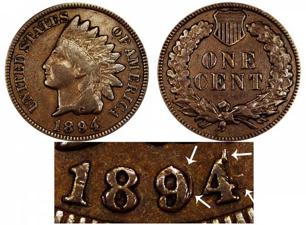 1894 Doubled Date RPD Indian Head Cent Penny 