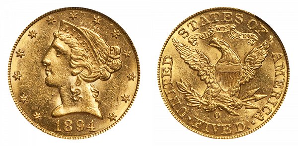 1894 O Liberty Head $5 Gold Half Eagle - Five Dollars 