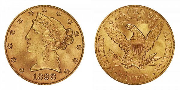 1898 Liberty Head $5 Gold Half Eagle - Five Dollars 