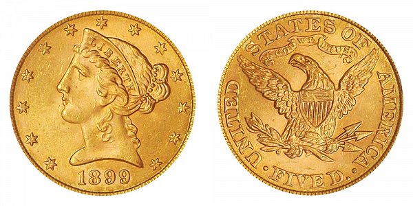 1899 Liberty Head $5 Gold Half Eagle - Five Dollars 