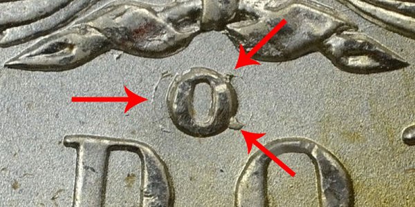 1900-O/CC Morgan Silver Dollar - O Over CC Mintmark- Closeup Image Example