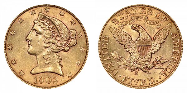 1902 S Liberty Head $5 Gold Half Eagle - Five Dollars 