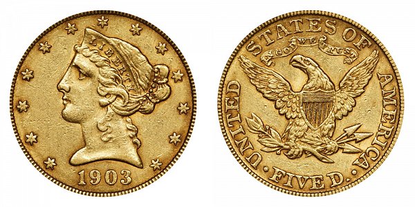 1903 Liberty Head $5 Gold Half Eagle - Five Dollars