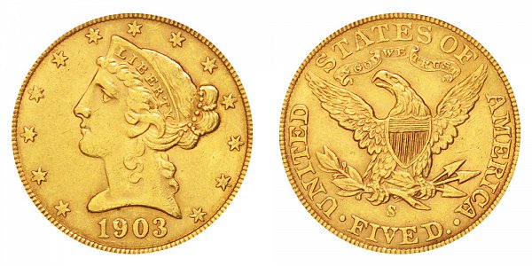 1903 S Liberty Head $5 Gold Half Eagle - Five Dollars