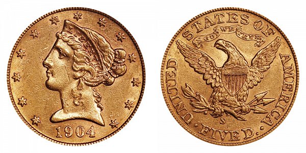 1904 S Liberty Head $5 Gold Half Eagle - Five Dollars 